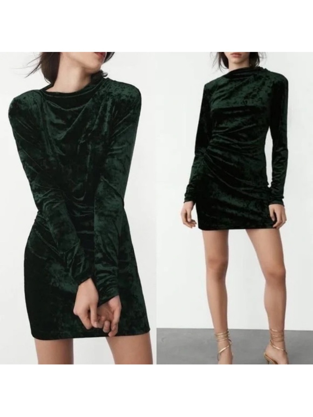 Zara Emerald Green Velvet Long-Sleeve Mini Dress